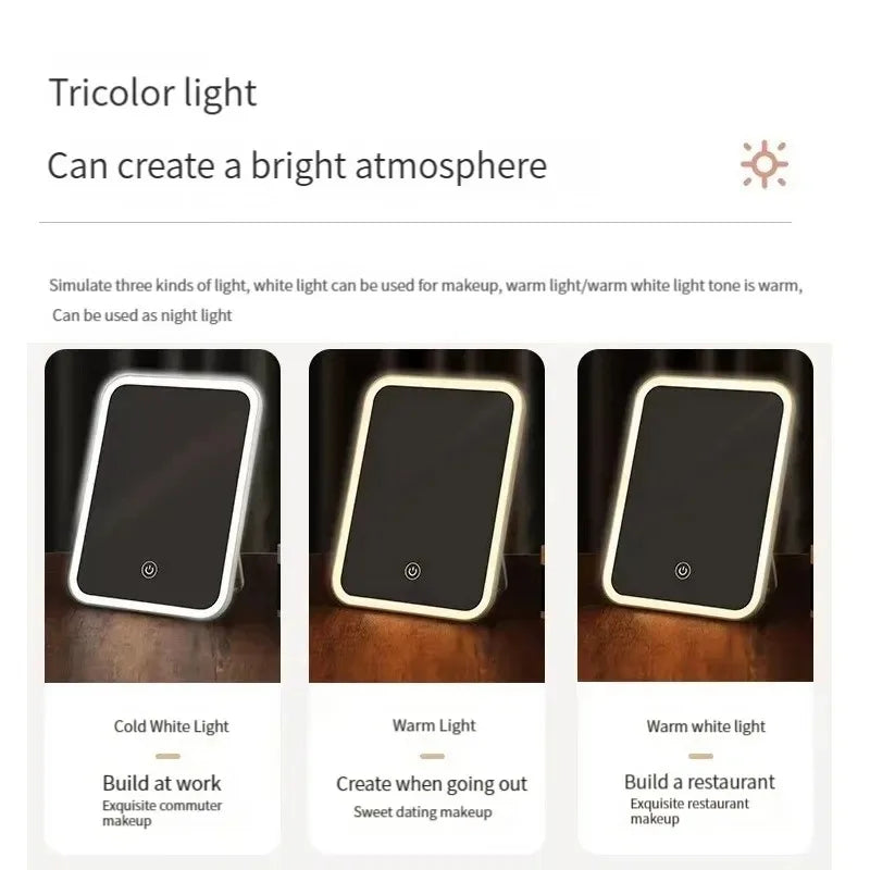 Espelho de maquiagem LED com suporte de mesa dobrável compacto quadrado